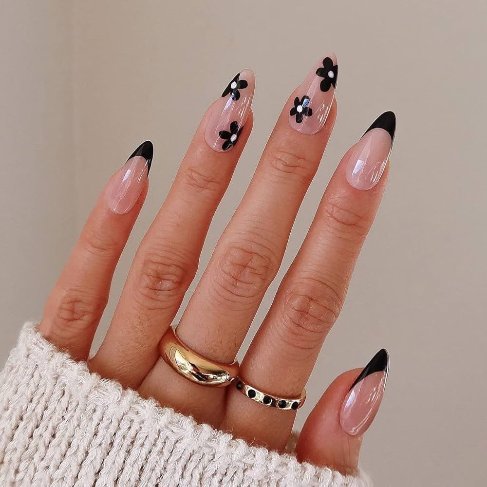 24 Pcs French Tip Fake Nails Black Flower Press on Nails, Round Head Almond Shaped Press on Nails... | Amazon (US)