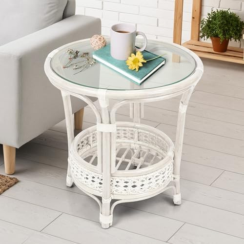 Pelangi Coffee Round Table White Color Handmade ECO Natural Rattan Wicker with Glass Top | Amazon (US)