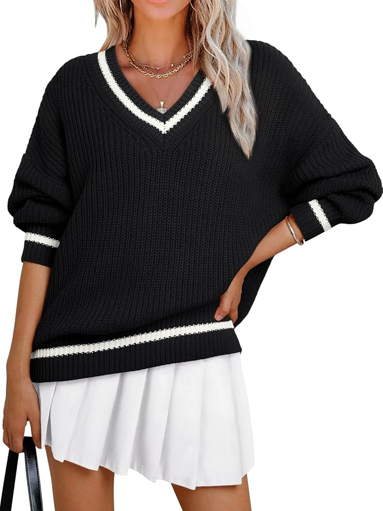 LILLUSORY Womens Oversized Pullover Sweater Fall Fashion Outfits 2024 Long Sleeve V Neck Shirts K... | Amazon (US)