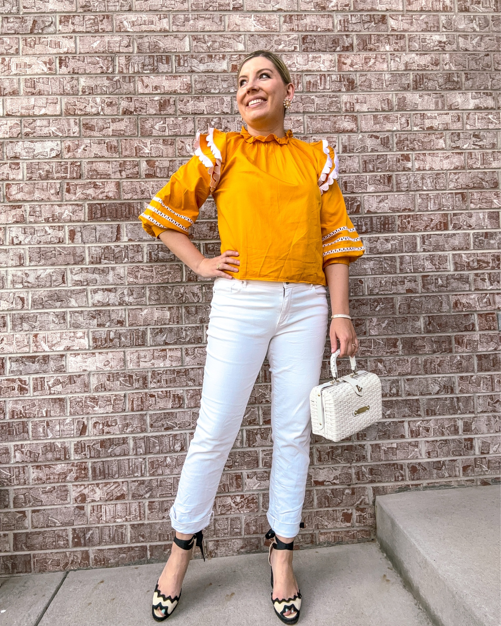 Look 10 - The Golden Hour Girl
👒 The Garden Society

Casual? Never heard of her.
There’s just something about a crisp white jean and a bold blouse that makes everyday dressing feel like a moment. This look blends polish and play - the structured silhouette keeps things elevated, while the joyful yellow and ric-rac ruffles bring all the charm.

Perfect for patio dinners, gallery dates, or just admiring your reflection as you stroll past a window because you just look that chic.

Top - Cynthia Rowley (available for rent! Use my link below for a discount!)
Jeans - Loft (similar linked)
Earrings - Lele Sadoughi (linked)
Shoes - Christian Louboutin
Bag - Vintage (similar linked)
Bracelet & Ring - Rocksbox (similar linked)

Get $$$ off of your first month of Armoire! Check out the current deals here: https://www.armoire.style/refer/katbondstyle

#CynthiaRowley #CynthiaRowleyStyle #PreppyStyle #PlayfulPolish #StatementSleeves #SummerStyle #BoldAndBright #ColorCrush #CapsuleCloset #ClassicWithATwist #OutfitDetails #EverydayElevated

#LTKItBag #LTKSaleAlert #LTKSeasonal