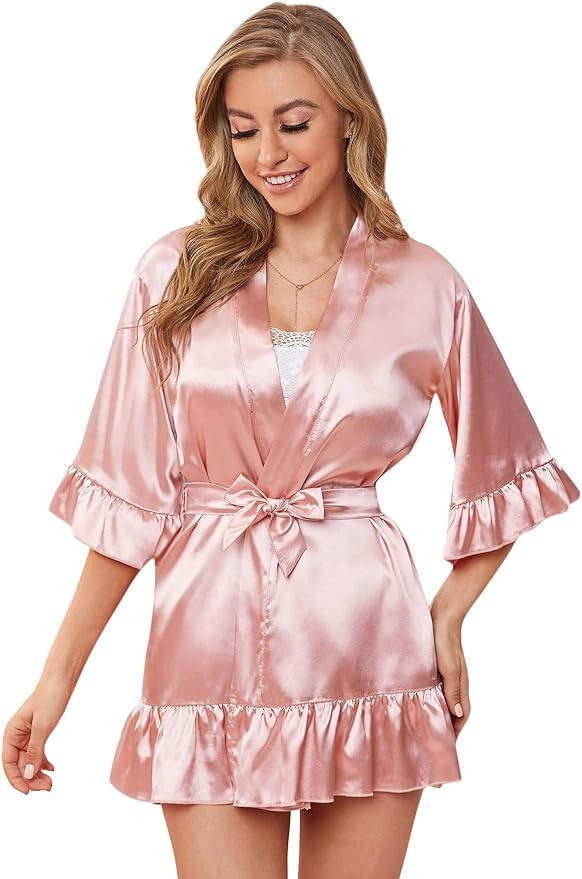 Floerns Women's Ruffle Hem Belted Satin Kimono Bridesmaids Robe | Amazon (US)