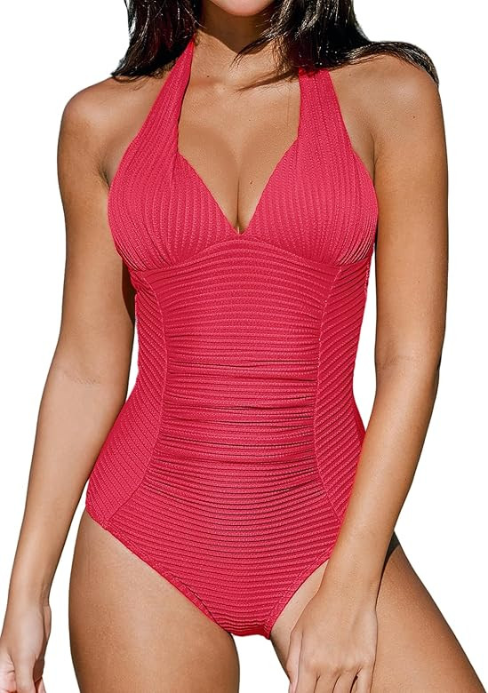 CUPSHE Women's One Piece Swimsuit Long Torso Bathing Suit Tummy Control Halter V Neck Ruched Self... | Amazon (US)