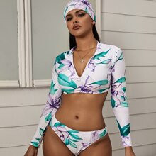 Floral Print High Cut Surfing Swimsuit & Headband | SHEIN