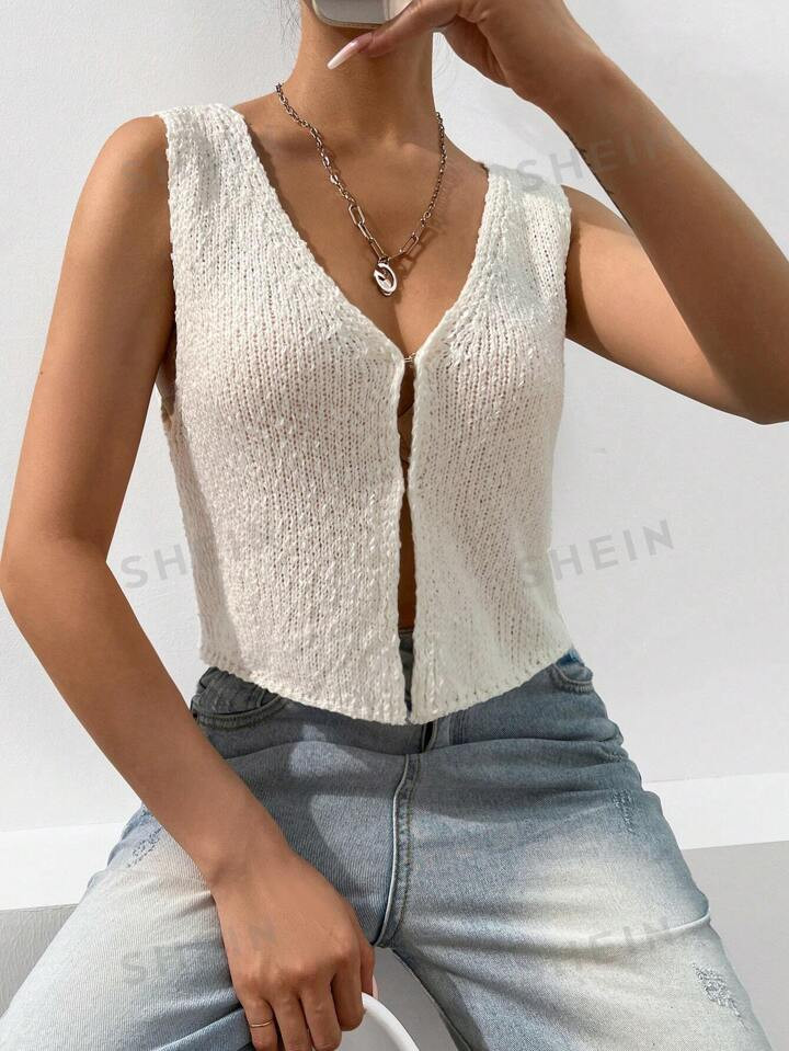 SHEIN EZwear Solid Hook & Eye Knit Top | SHEIN