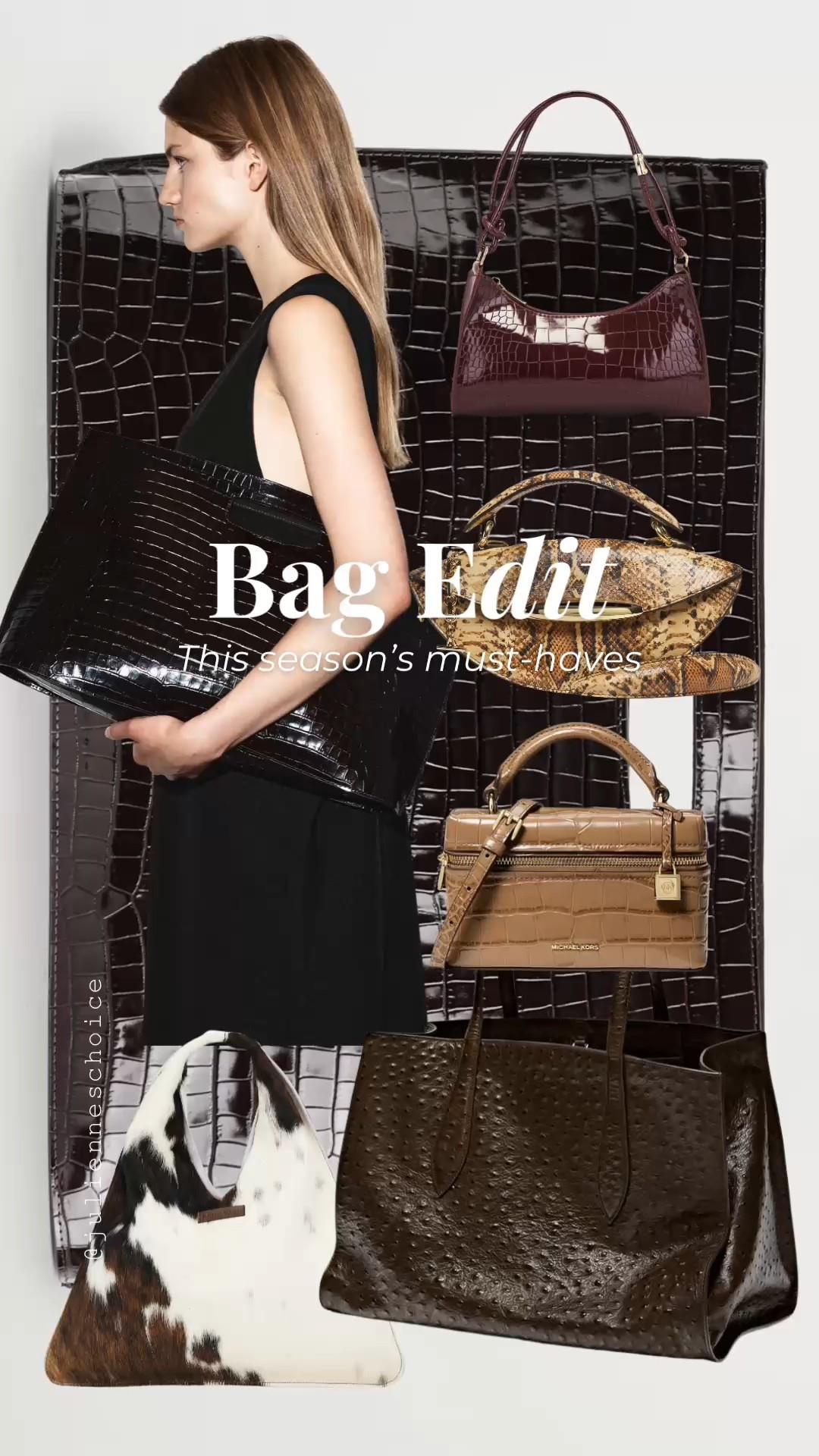 👜 FW 2025 Bag Edit ✨
Croc-embossed totes, snake-print clutches, retro top handles, and chic vanity cases-this season's luxury must-haves. ✨julienneschoice
#BagTrends #SnakePrint
#CrocBag
#TopHandleBag #VanityCase #Animalprint #LuxuryStyle
#FallWinter2025