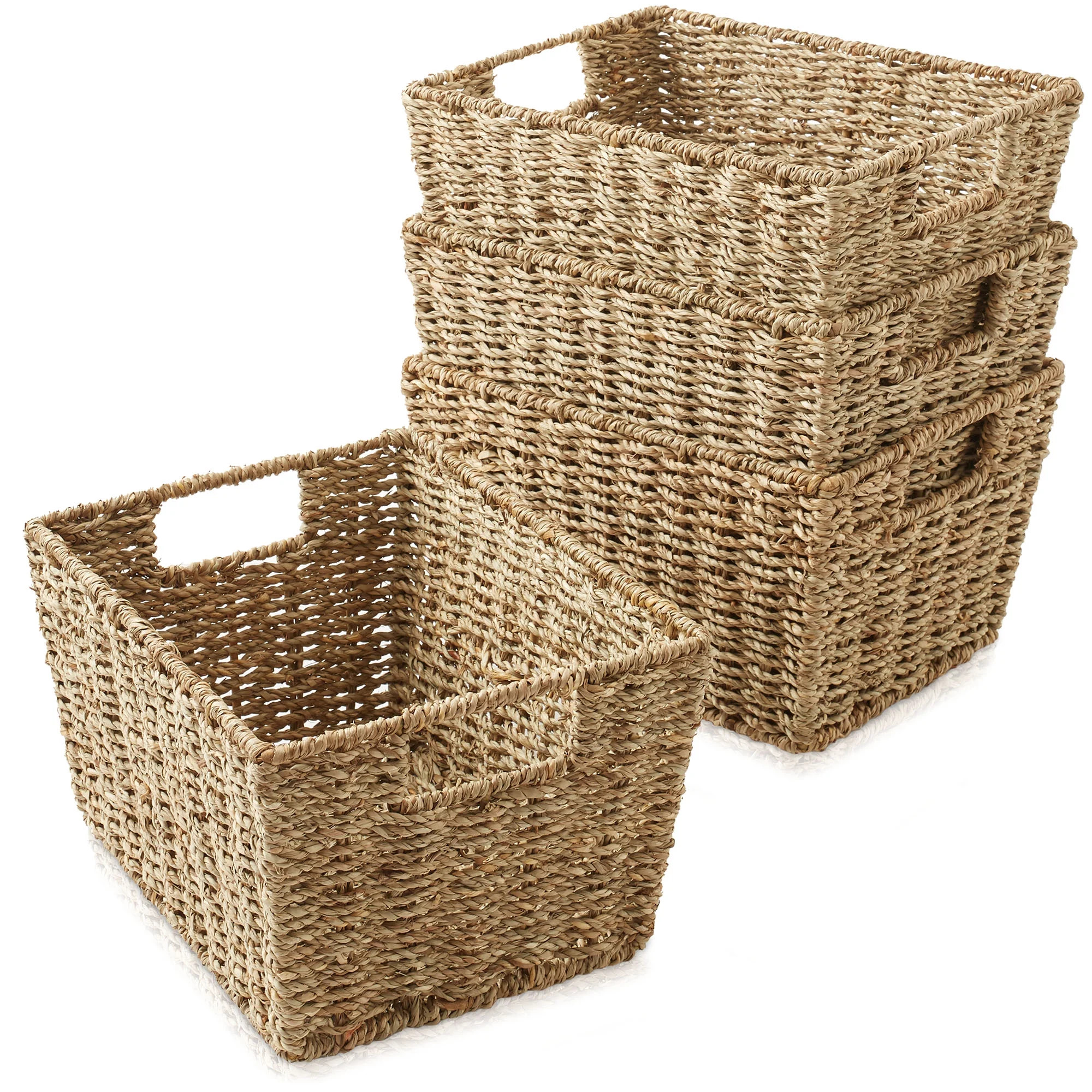 Casafield Set of 4 Seagrass Storage Baskets with Handles - Natural, 12" x 9" x 6" Rectangular Sto... | Walmart (US)