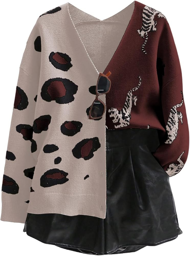 WDIRARA Women's Leopard Tiger Print Cardigan V Neck Long Sleeve Color Block Button Down Sweater O... | Amazon (US)