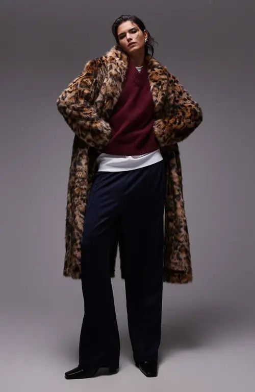 Topshop Leopard Faux Fur Longline Coat in Brown Multi at Nordstrom, Size Medium | Nordstrom