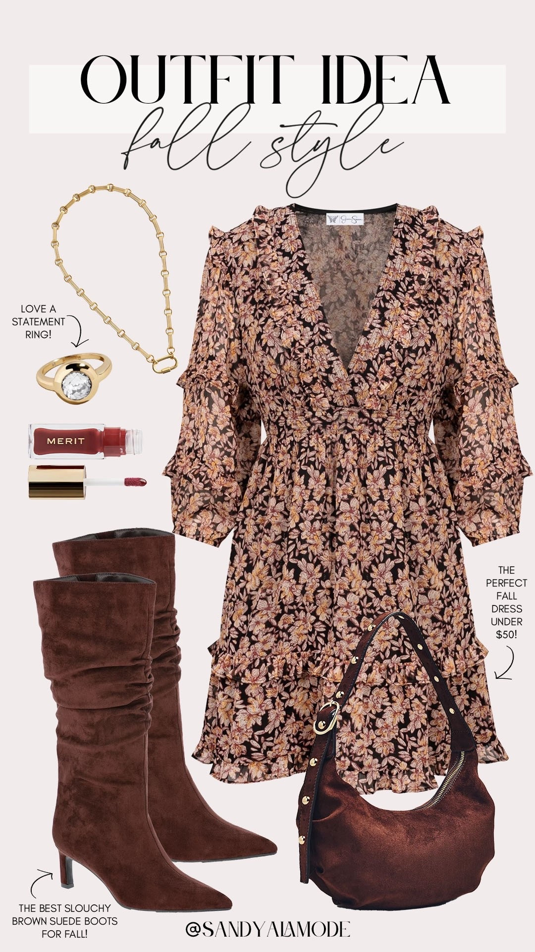 Elevated fall outfit. Trendy fall style. Neutral fall outfit idea. Walmart fashion. Walmart fall floral dress. Walmart slouchy boots. Brown slouchy suede boots. Fall event dress. How to style a floral dress for fall  

#LTKStyleTip #LTKSeasonal #LTKFindsUnder100