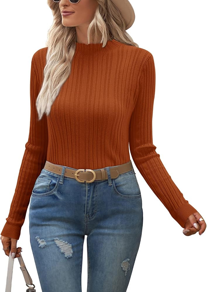 OUGES Womens 2024 Spring Summer Tops Basic Slim Fit Sweaters Turtleneck T Shirts Business Casual ... | Amazon (US)