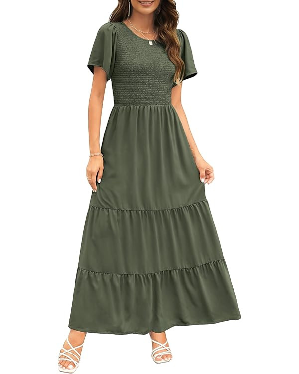 Kranda Women's 2023 Summer Round Neck Short Flutter Sleeve Smocked Ruffle Floral Maxi Dress | Amazon (US)
