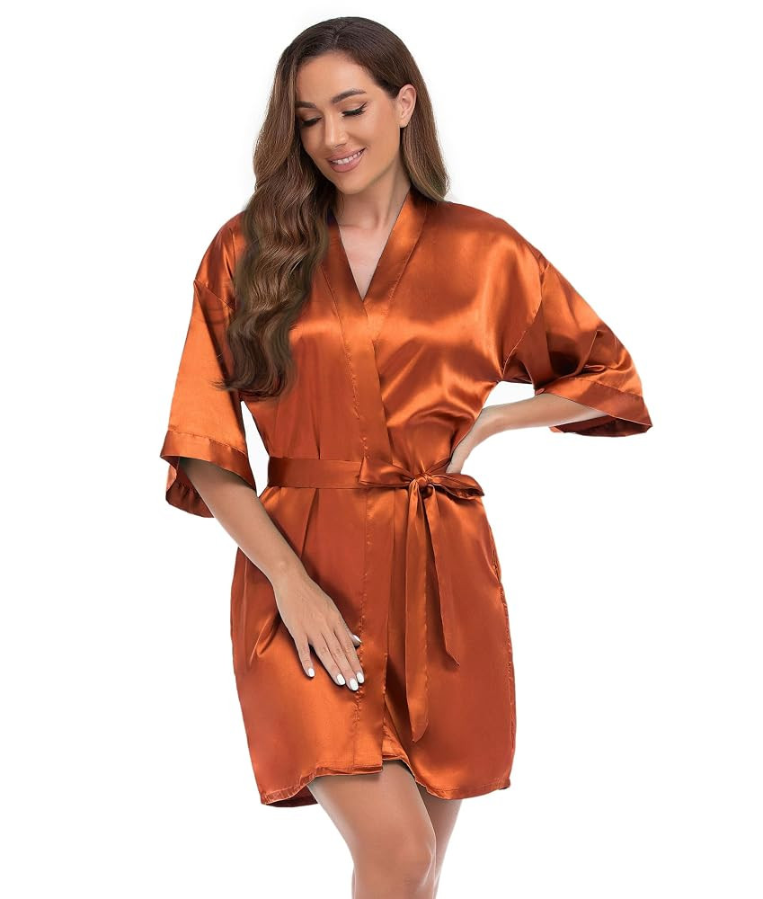 VOGUEMAX Women's Short Kimono Robe Silky Satin Bathrobe Bride Bridesmaids Getting Ready Sleepwear... | Amazon (US)