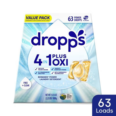 Dropps Unscented Free & Clear 4-in-1 Plus Oxi Power Biobased HE Deep Cleaning Concentrated Laundry Detergent Pods 63 Pacs - 35.55oz | Target