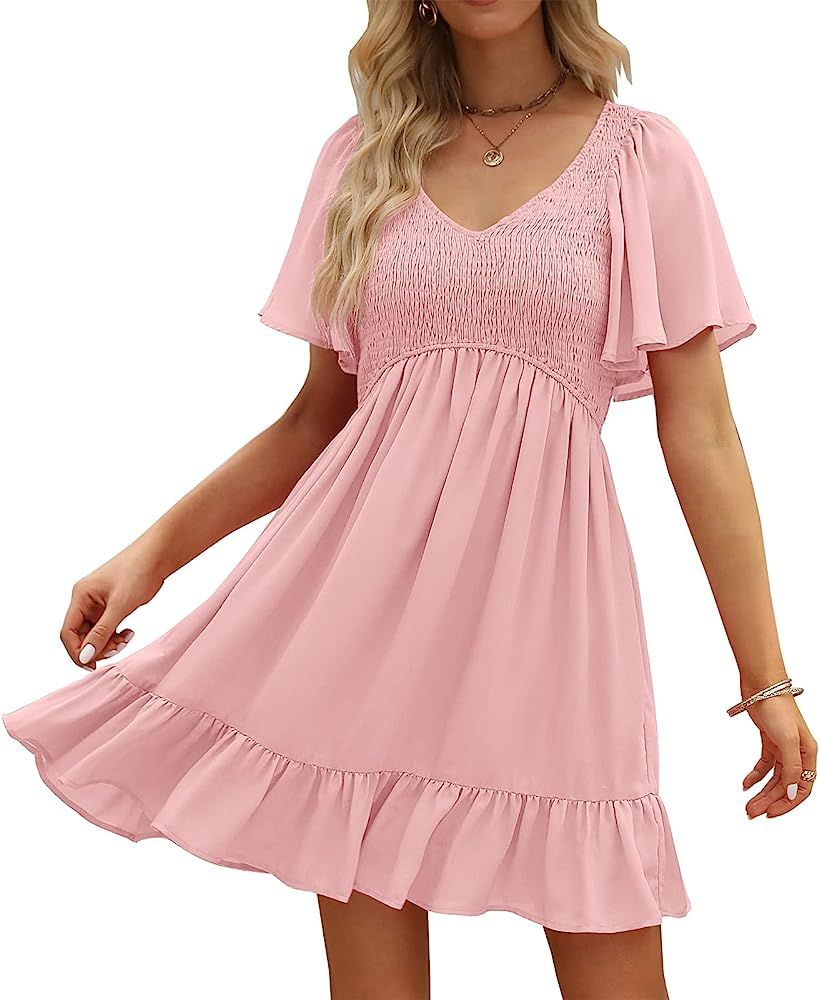 LILLUSORY Women's Flowy Casual Mini Dresses 2024 Summer Smocked V Neck Flutter Sleeve Ruffle Dres... | Amazon (US)