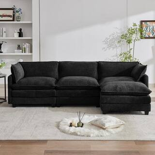 112.2 in. W 4-Piece Modern Fabric Looped Velvet Sectional Sofa with Ottoman in Black | The Home Depot