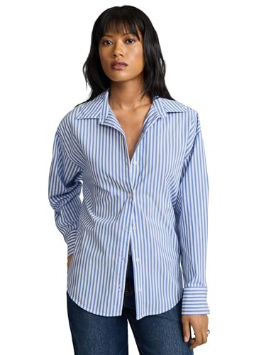 EXPRESS Women’s Portofino Shirt – Boyfriend Fit Long Sleeve Button-Up – Stripe Blue | Amazon (US)