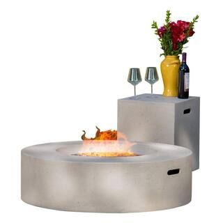 Noble House Aidan 39 in. x 11.47 in. Round MGO Gas Fire Pit Table in Light Grey 50,000 BTU with T... | The Home Depot