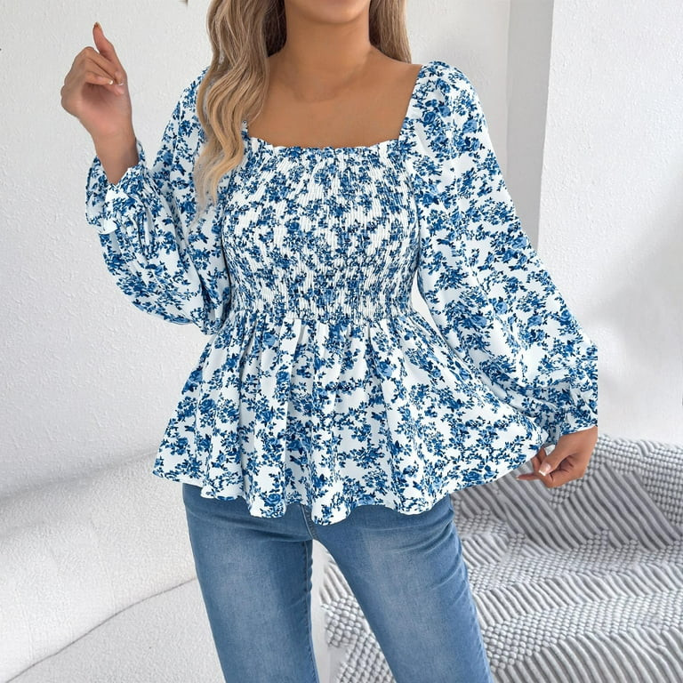 ZZwxWA Womens Boho Floral Printed Beach Tops Smocked Square Neck Lantern Sleeve Summer Loose Goin... | Walmart (US)