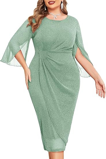 ZOMVA Womens Plus Size Mesh Cocktail Dress Petal 3/4 Sleeve Round Neck Wedding Guest Party Midi D... | Amazon (US)