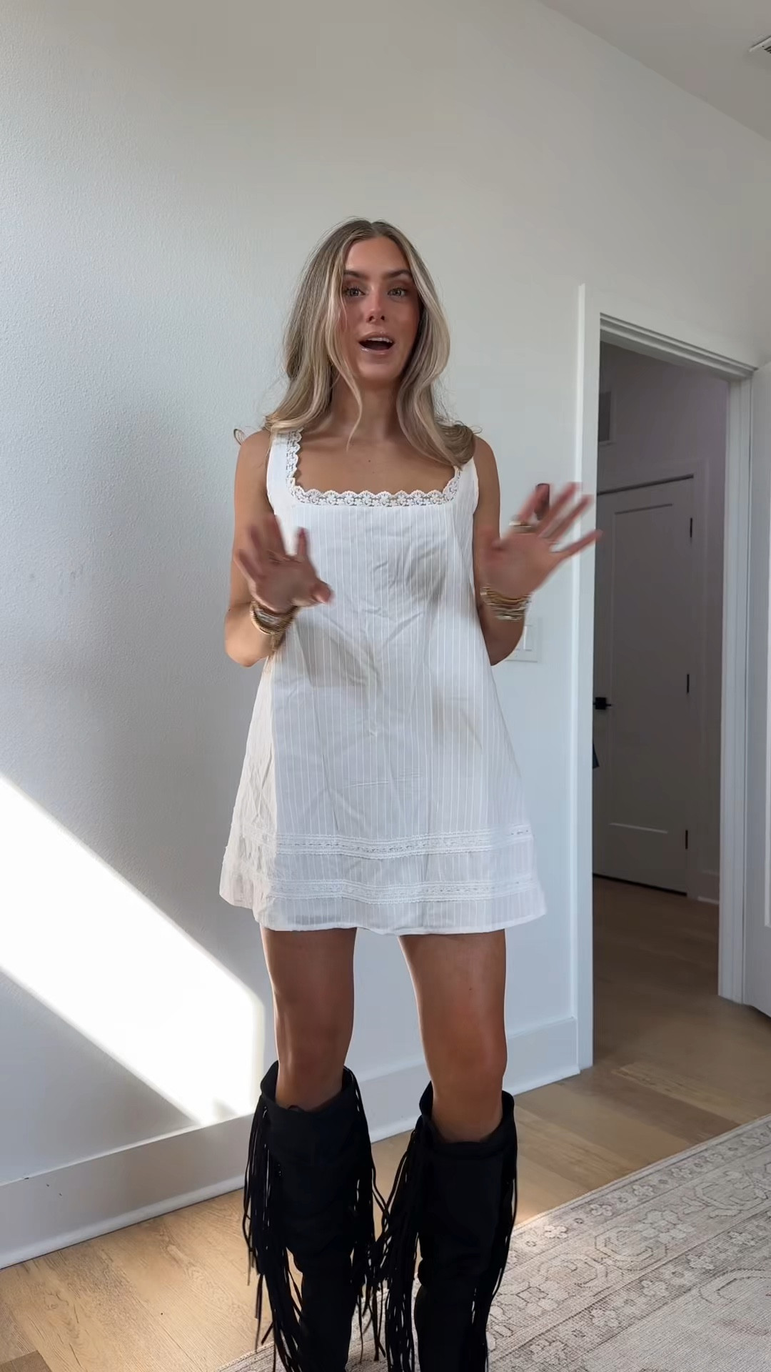 @shopakira Bold and ultra-sleek black fringe gladiator stiletto sandals, perfect for nights out or statement party looks. Designed with a dramatic knee-high faux suede ruched shaft, cascading fringe detailing, and an open thong-toe silhouette, they feature a slim stiletto heel, Comfort Cushion insole, and back-zip enclosure for an effortlessly striking finish. Style them with a mini dress and slick accessories for a fierce after-dark vibe, or pair with denim shorts and a corset top for a high-fashion festival moment.

#LTKootd #LTKFestival #LTKSeasonal