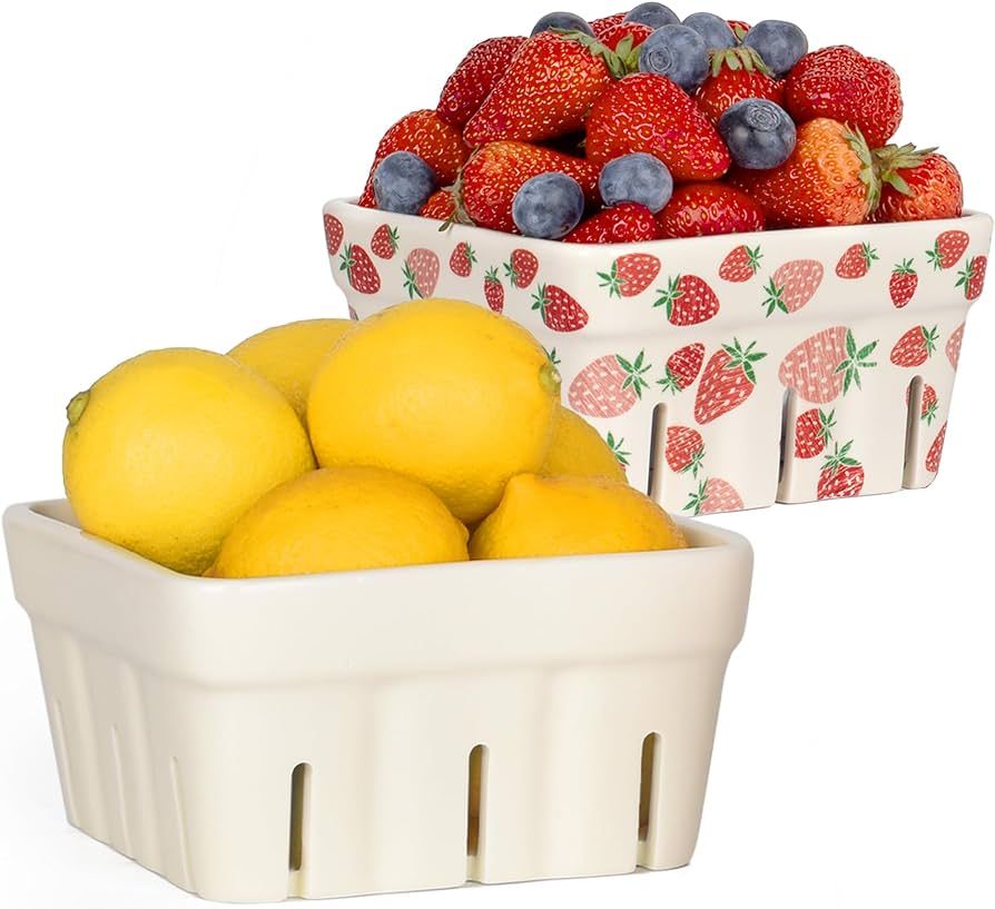 AELS Ceramic Berry Basket, 5.9" Container for Fruit & Vegetables, Farmhouse Fruit Bowl, Strawberr... | Amazon (US)