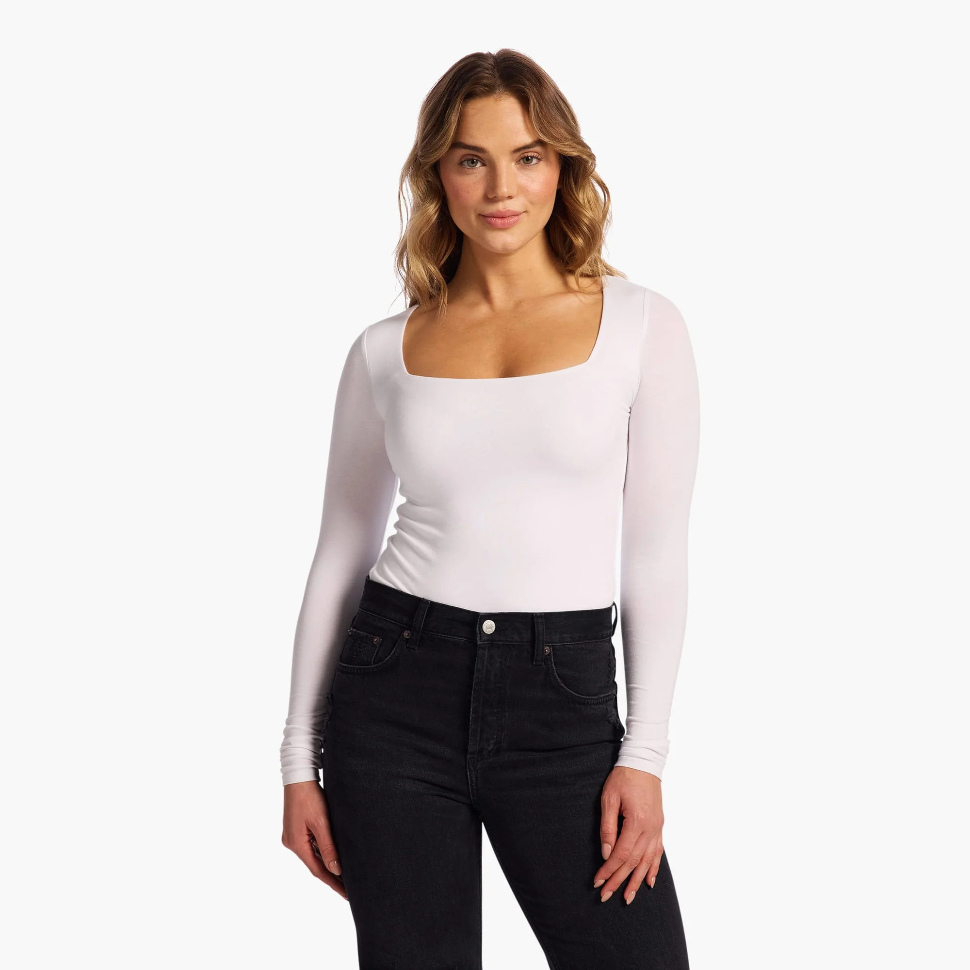 Cotton Stretch Long Sleeve Square Neck Bodysuit | White | Nuuds US