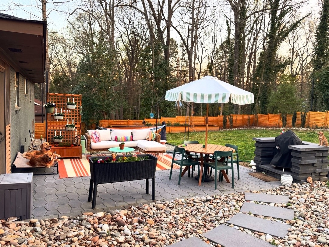 I love a before and after😍 

It’s hard to believe that the 2nd photo was what our backyard looked like 3.5 years ago when we moved in. No fence at all, a small sidewalk, random gravel, and a literal forest. Proof that good things take time! I’m so happy we renovated this space and I love spending time out here with the pups!🌷🌿🐝🦋💛 

#beforeandafterhome #backyardreno #backyardtransformation #dogsanddecor #backyarddesign