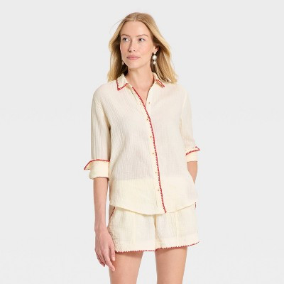 Women's Long Sleeve Collared Button-Down Shirt - Universal Thread™ Cream XL | Target