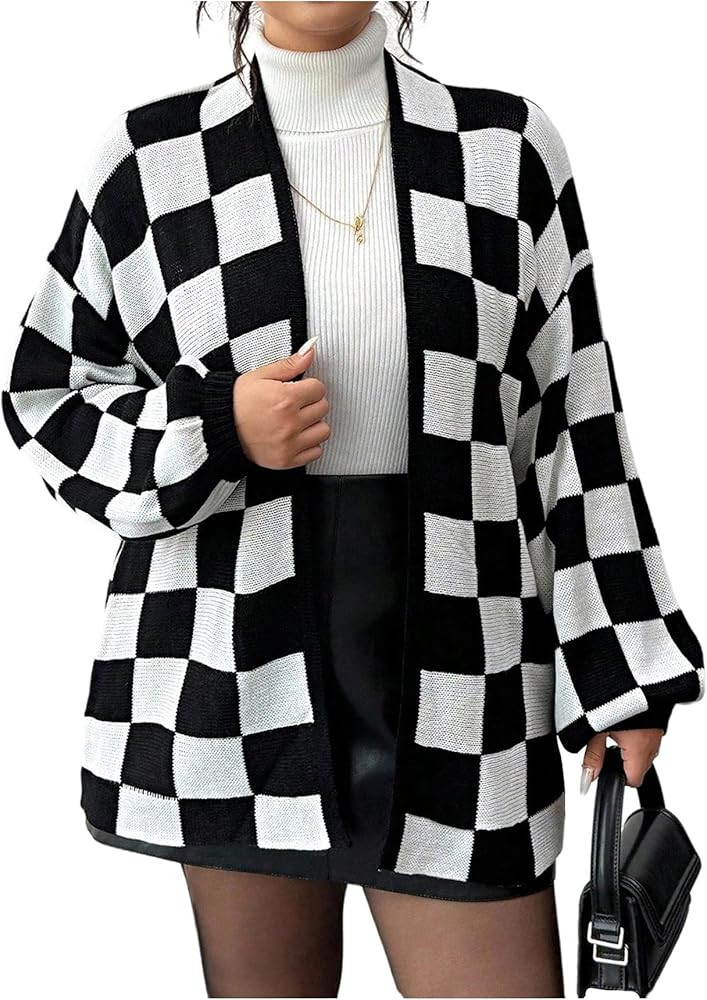 WDIRARA Women's Plus Size Plaid Checkered Cardigan Sweaters Open Front Knit Outerwear | Amazon (US)