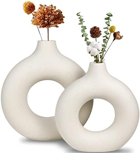 White Ceramic Vase Set 2 for Modern Home Decor, Hollow Round Matte Pampas Flower Vases - Nordic Mini | Amazon (US)