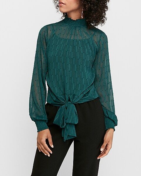 mock neck smocked blouse | Express