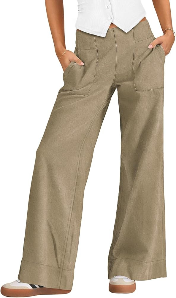 Womens Wide Leg Pants for Women Elastic Waist Pull On Baggy Cargo Pants Low Rise Stretchy Trouser... | Amazon (US)