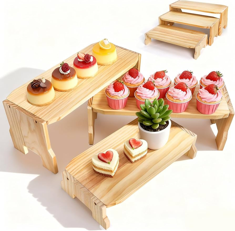 3 Tier Wood Display Riser, Stackable Cupcake Dessert Stand for 24 Cupcakes, Rectangular Wooden Ri... | Amazon (US)
