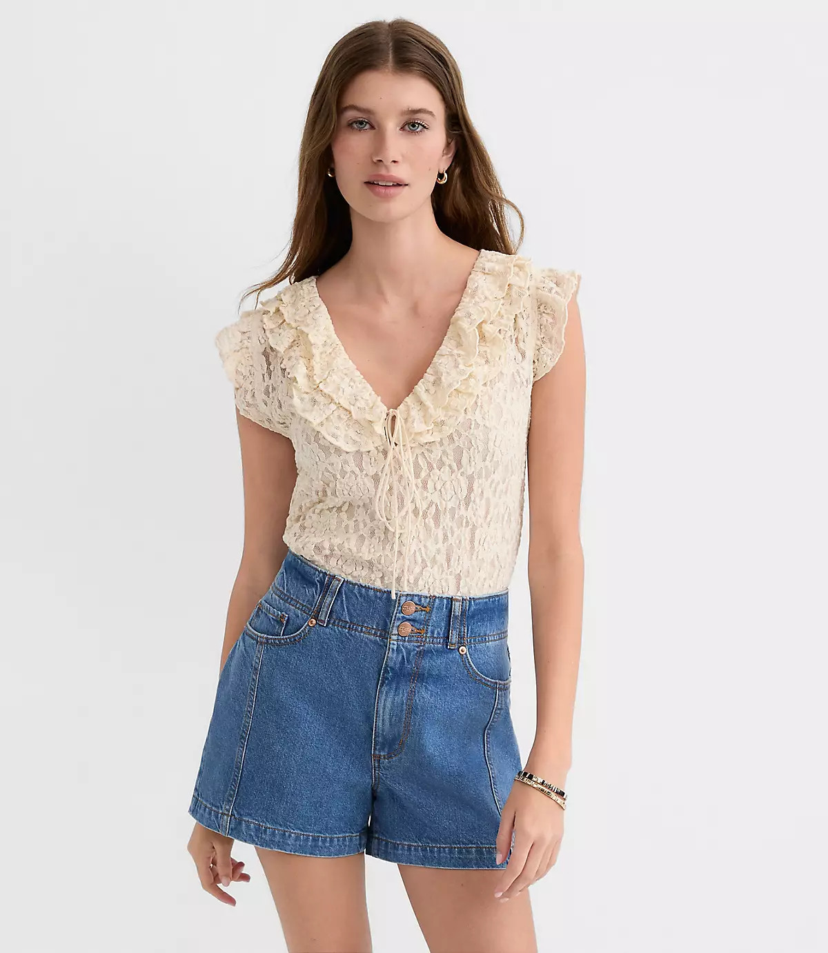 Lace Ruffle Tie Neck Top | LOFT