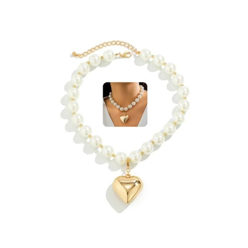 Chunky Pearl Statement Necklaces for Women Trendy Gold Heart Pendant Necklace Puffy Heart Pearl Choker Charm Necklace Large Bead Necklace Fashion Y2k Jewelry Grunge Accessories (Pearl) | Amazon (US)