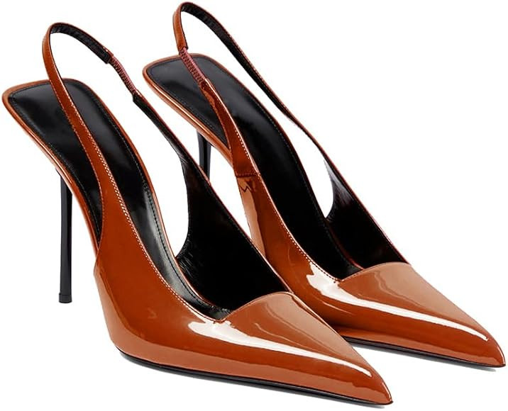 THESHY Women's Pointed Toe High Stiletto Heels Slingback Stretch Slip-on Pumps Backless Patent Le... | Amazon (US)