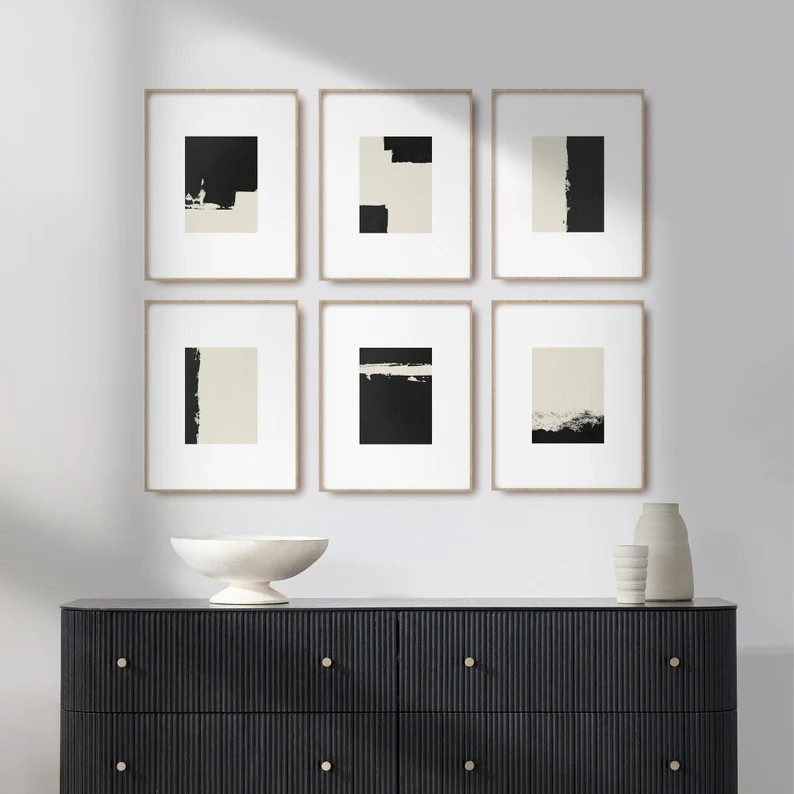 Abstract Gallery Wall Art Set of 6 Prints Modern Black and Beige Minimalist Paintings on White 6 ... | Etsy (US)