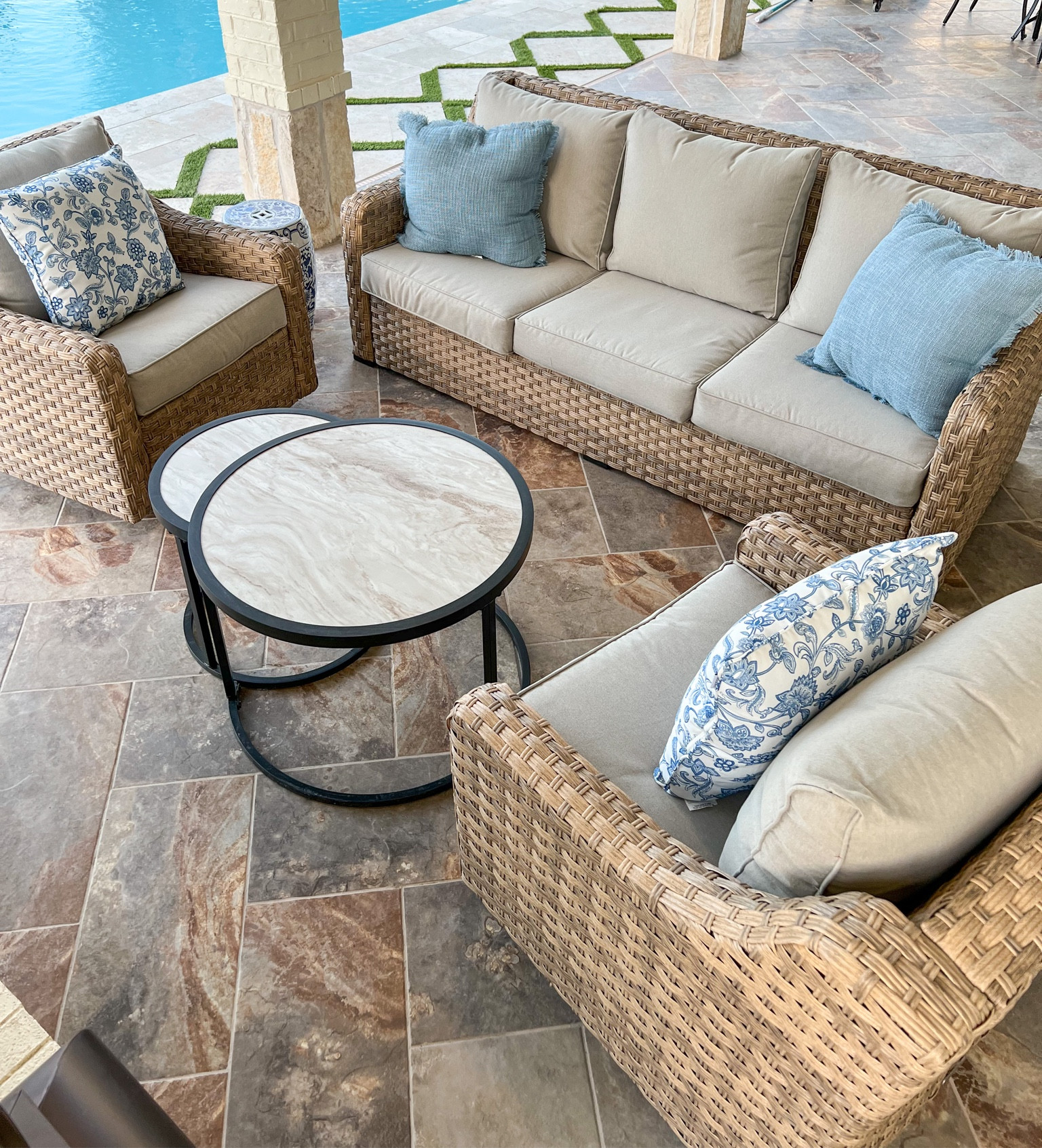 Walmart wicker Outdoor Patio furniture 
Better homes and gardens
Chinoiserie garden stool 
Outdoor decor
Patio and pool
Pool house
Affordable 
Natural 
Rattan
Blue and white decor
Traditional 
Grandmillennial 
Coastal French cottage style
Powder blue outdoor throw pillows 
Large lanterns
Samsung 65 inch
Glider chairs
2 nesting tables
Marble
Black metal
#LTKFind 

#LTKSeasonal #LTKsalealert