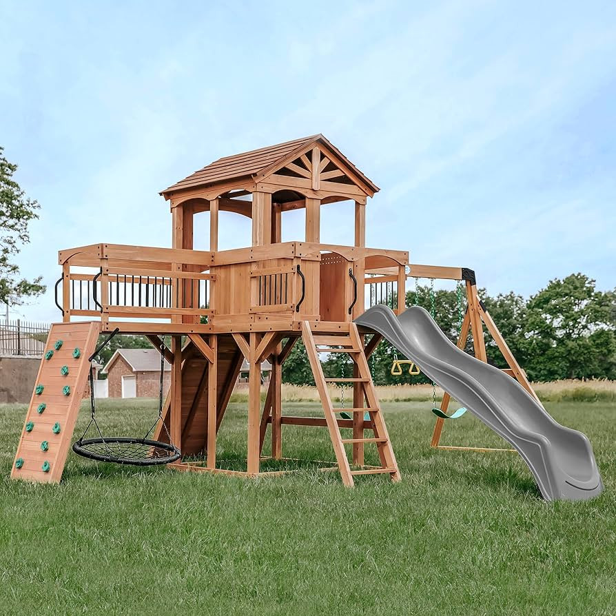 Backyard Discovery Sterling Point Cedar Wood Swing Set with Wave Slide, Raised Clubhouse, Wooden ... | Amazon (US)
