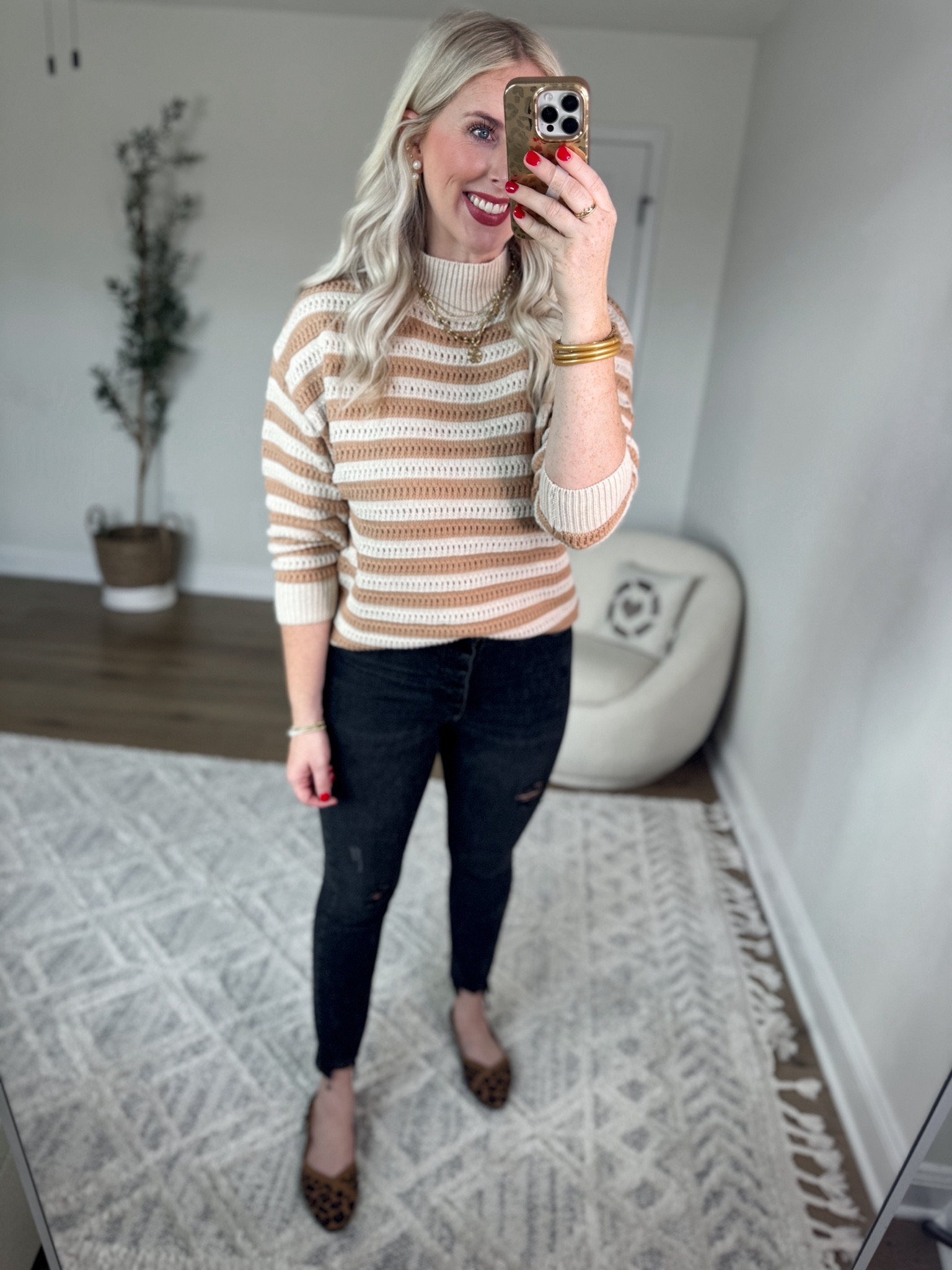 Daily try on, Walmart outfit, Walmart fashion, time and tru, striped sweater, black jeans, leopard flats 

Medium 

#LTKSeasonal #LTKFindsUnder50 #LTKStyleTip