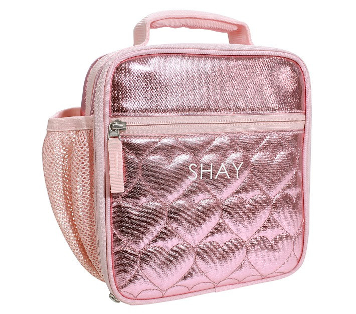 Mackenzie Pink Metallic Hearts Lunch Boxes | Pottery Barn Kids