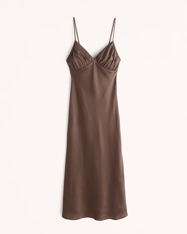 Ruched Satin Slip Midi Dress | Abercrombie & Fitch (US)