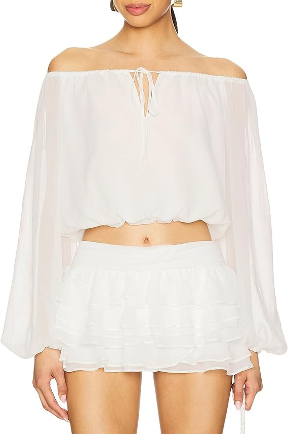 SUNNOW Women's Chiffon Off-Shoulder Elegant Flowy Blouse Tops Long Sleeve Blouse for Casual Party | Amazon (US)