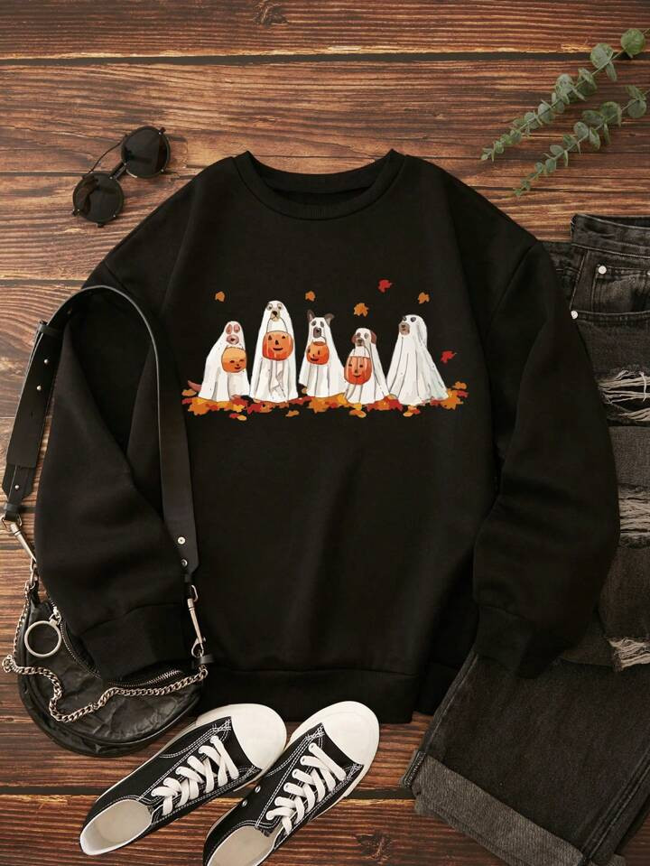 SHEIN EZwear Plus Halloween Print Thermal Lined Sweatshirt | SHEIN