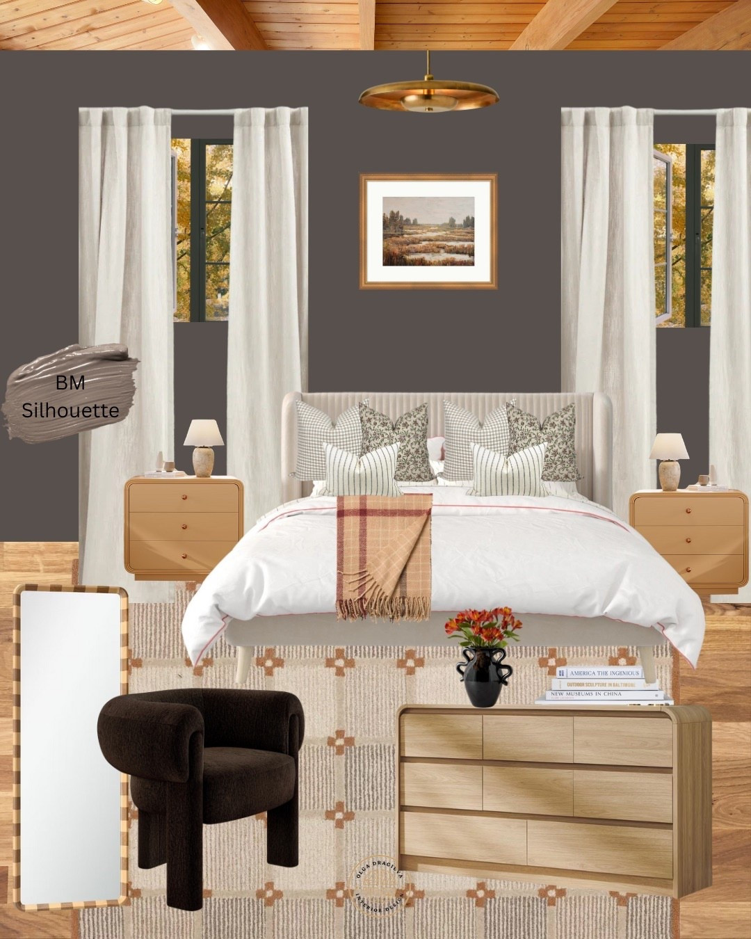 Beautiful and calming bedroom design/mood board. Gorgeous accent chair from Article, dresser and nightstands from Target, neutral wool rug, brass light fixture, fall wall art. #bedroom #homedrcor #falltrends 

#LTKFamily #LTKHome #LTKSeasonal