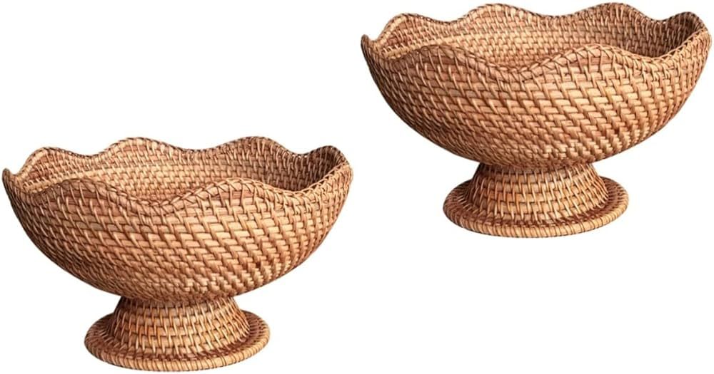 Alipis 2pcs Rattan Fruit Plate Footed Fruit Bowl Wicker Round Basket Seagrass Trinkets Plate Deco... | Amazon (US)