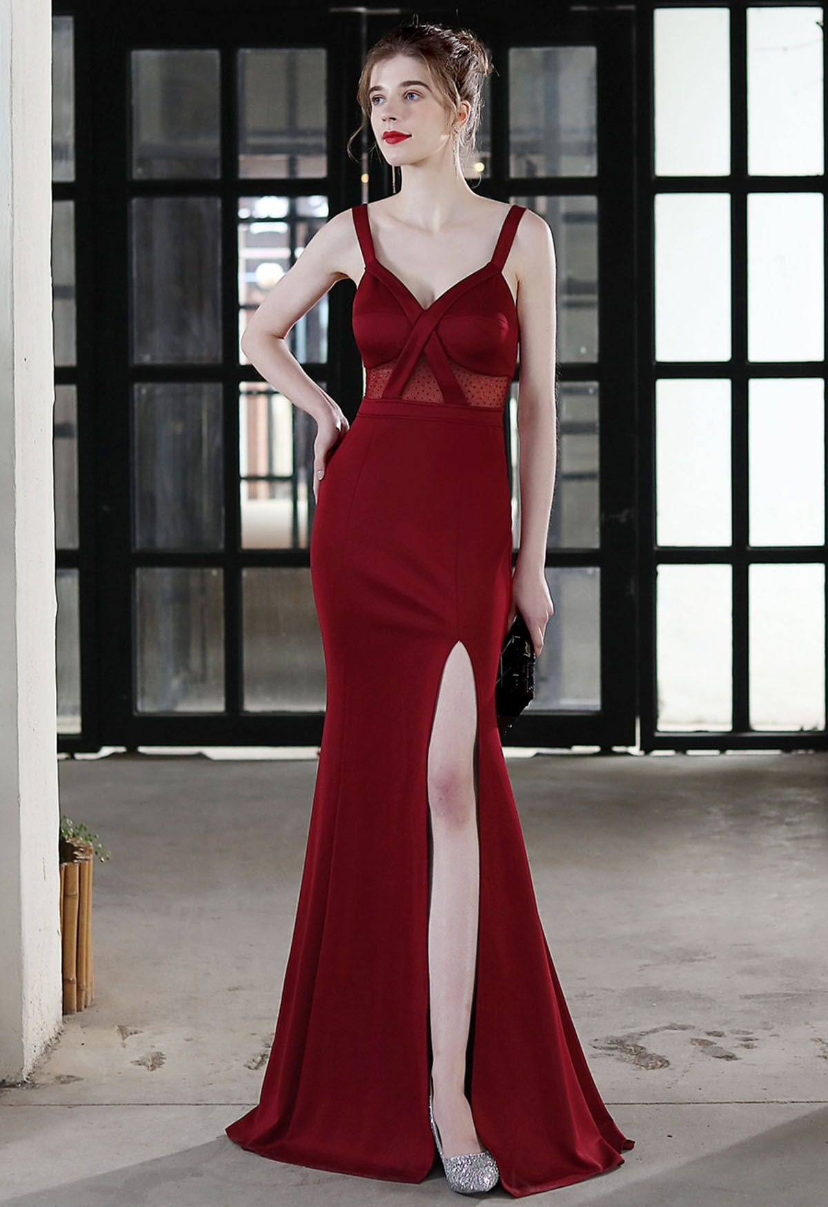 Beaded Mesh Patchwork Split Cami Gown in Burgundy | Chicwish