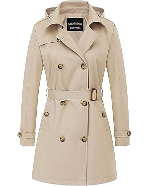 CREATMO US Women's Trench Coat Double-Breasted Classic Lapel Overcoat Belted Slim Outerwear Coat ... | Amazon (US)