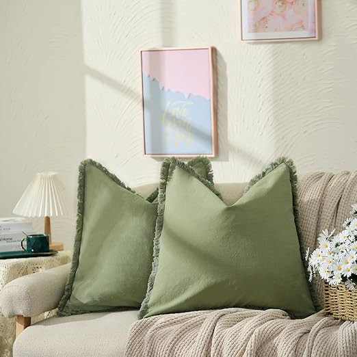 ZWJD Pillow Covers 20x20 Set of 2 Olive Green Throw Pillow Covers with Fringe Chic Cotton Decorat... | Amazon (US)
