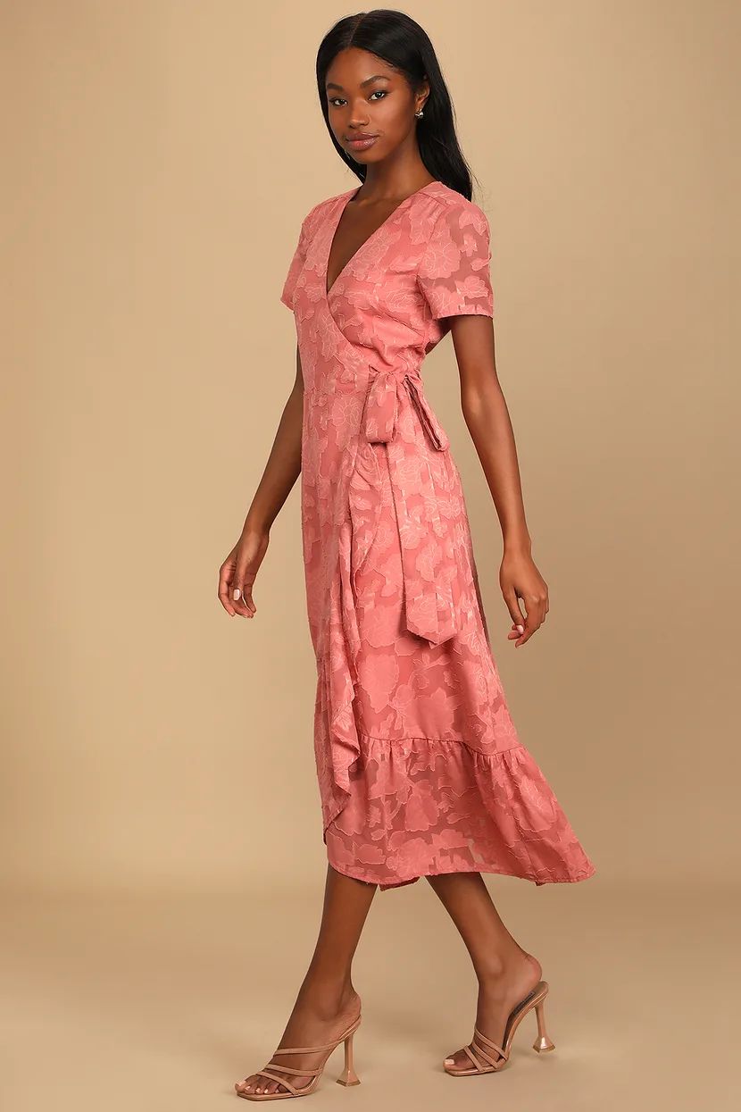 Blissfully Rusty Rose Jacquard Short Sleeve Wrap Midi Dress | Lulus (US)